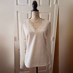 WHBM White Top with See-thru Long Sleeves,Size M, Pre-Owned
